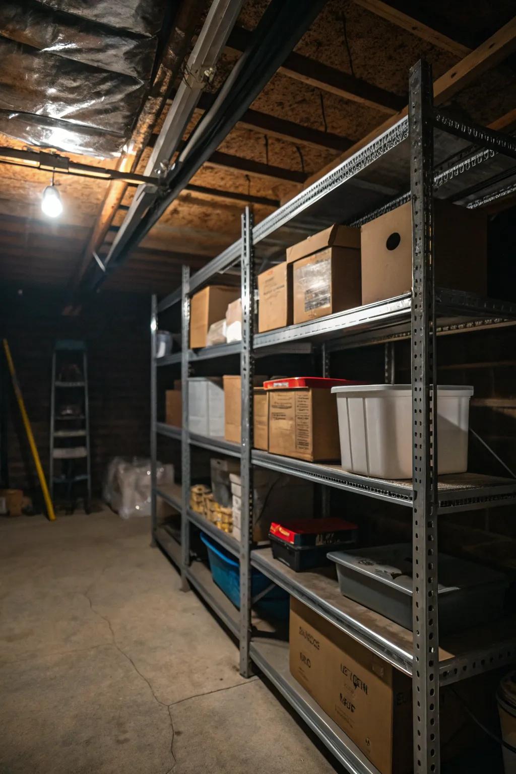 Strong shelving systems greatly increase storage possibilities beneath your house.