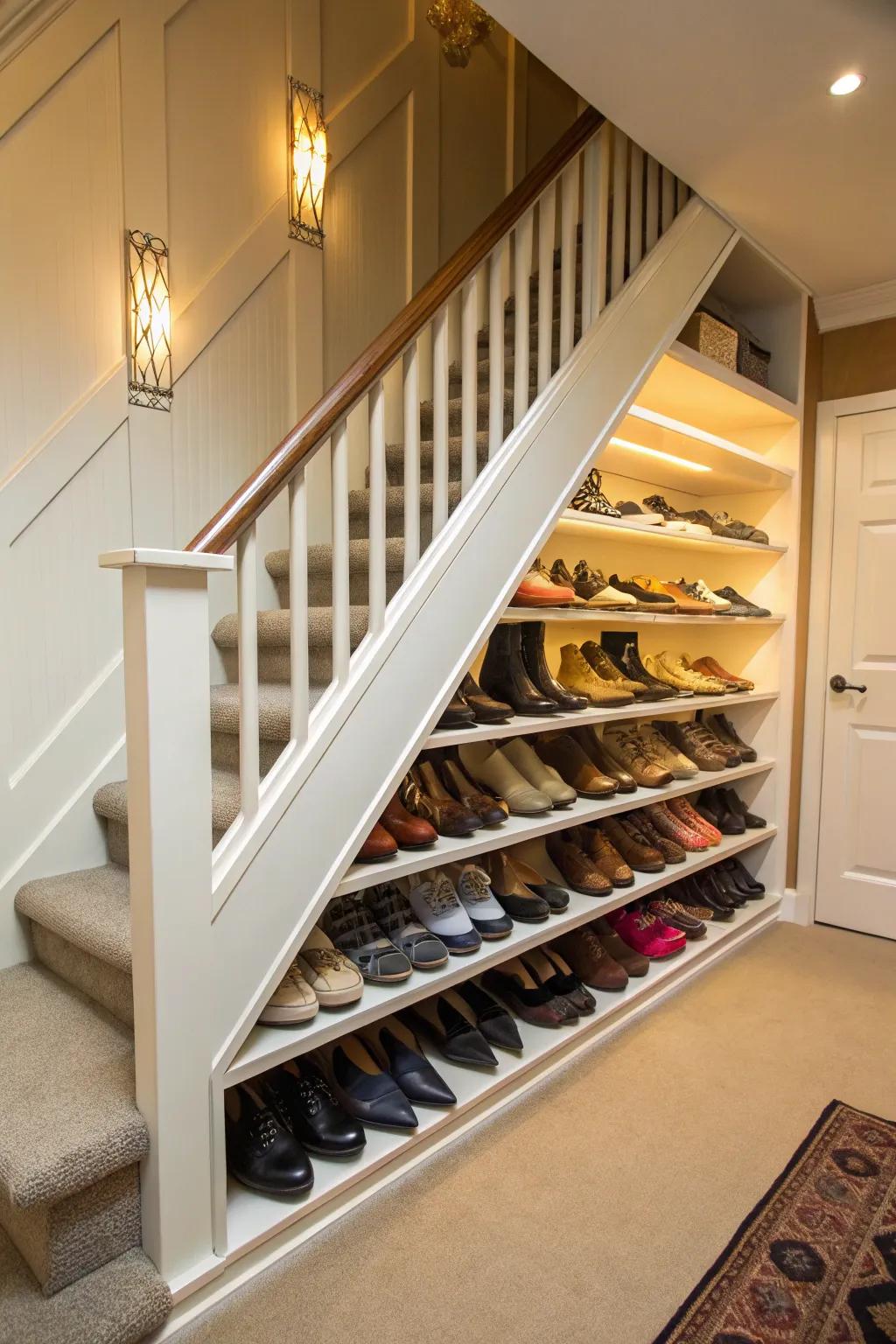 Optimize your shoe organization with bespoke under-stair shelving units.