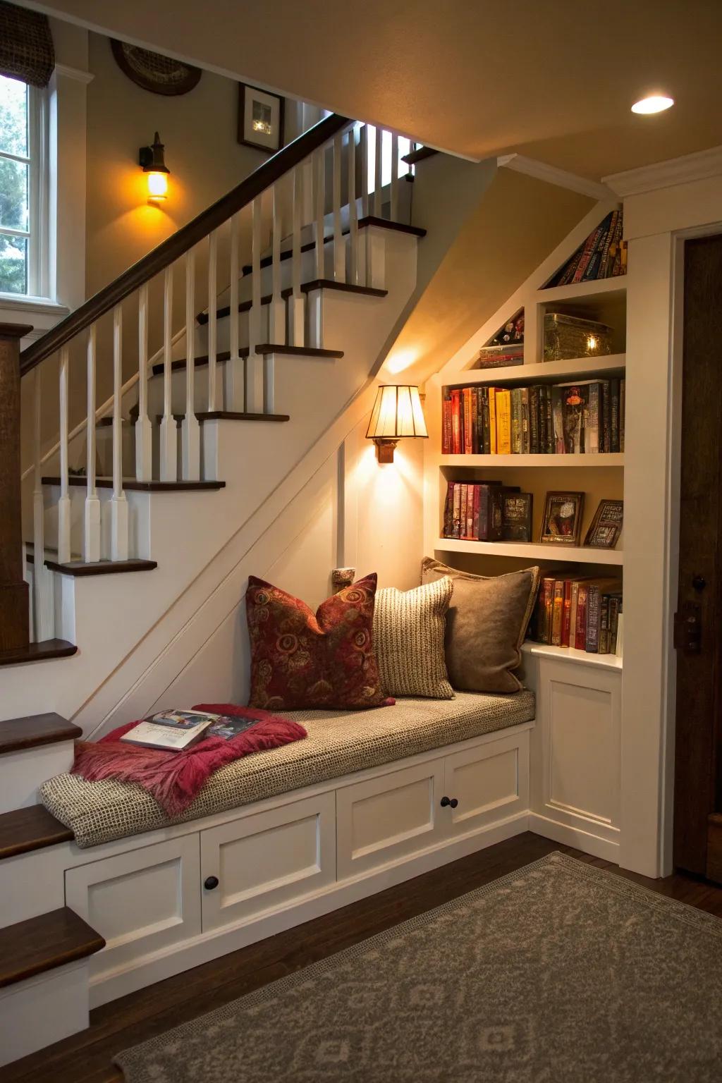 A charming reading space tucked away under the staircase.