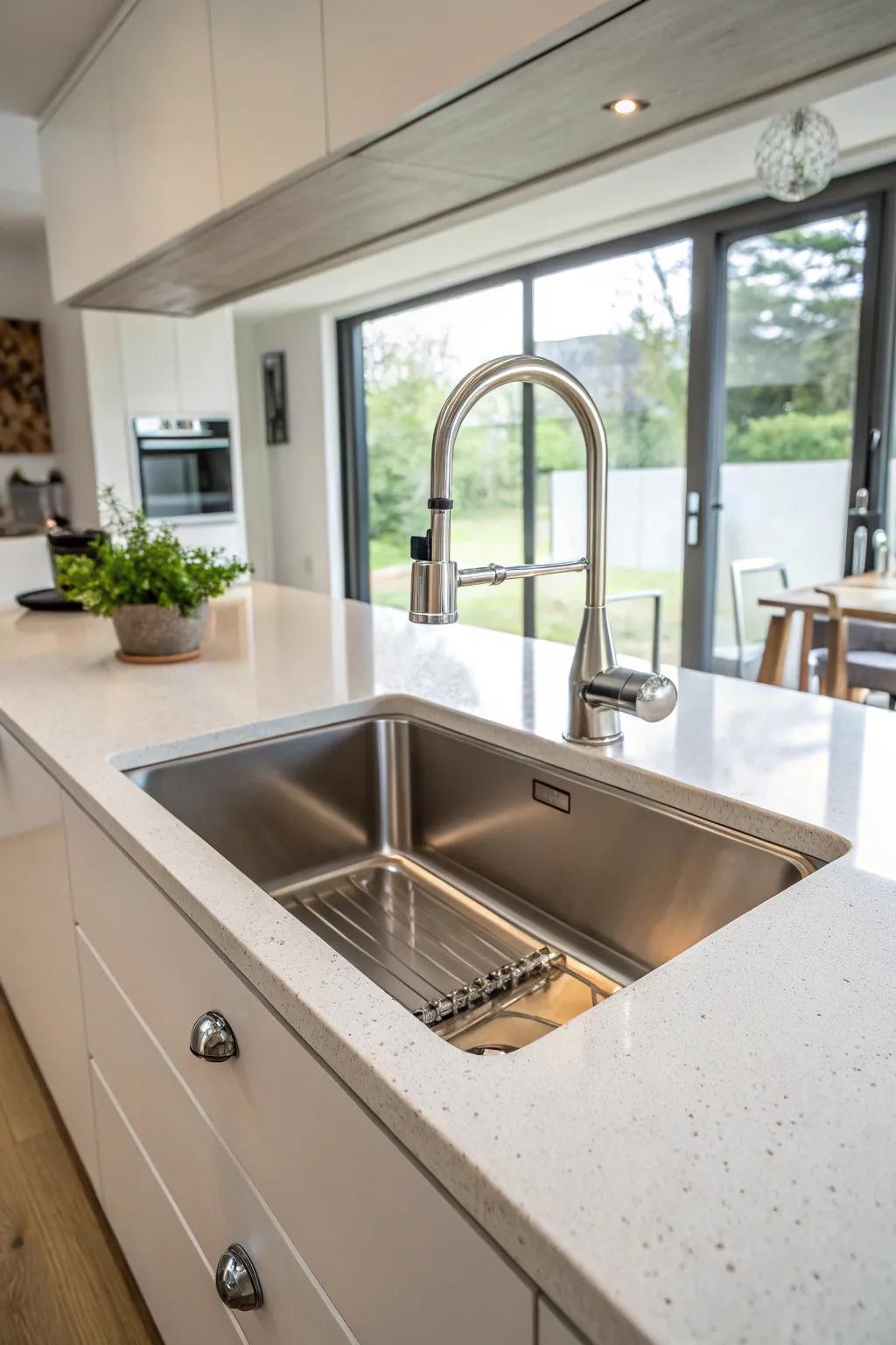 A stainless steel undermount sink featured in a modern kitchen layout.