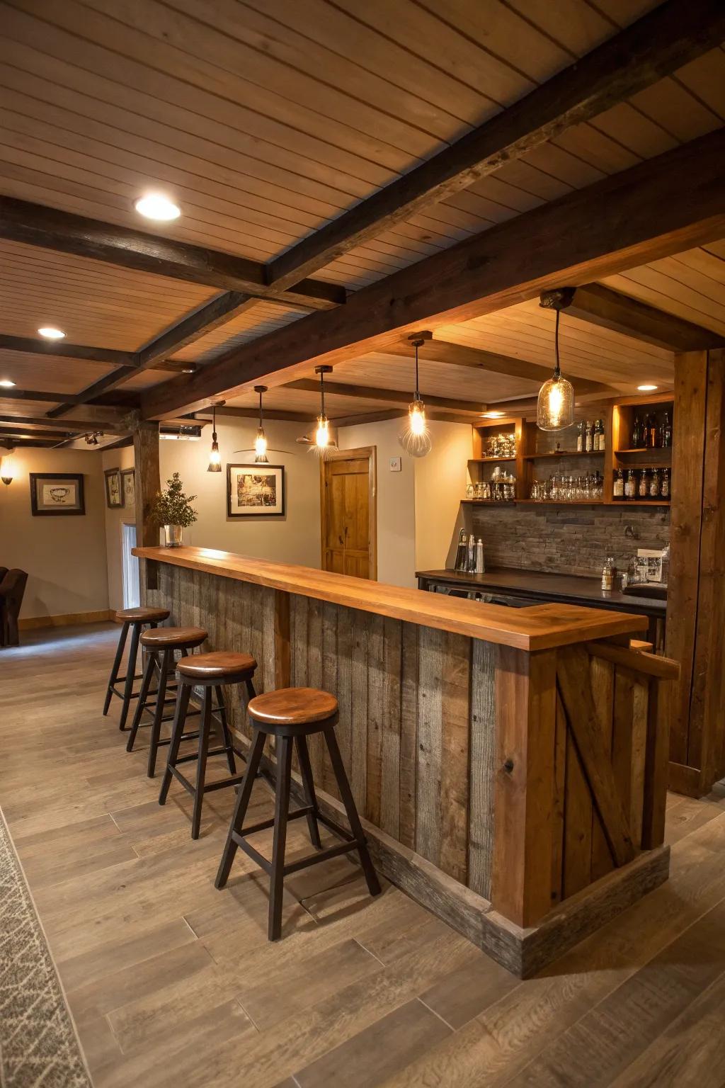 The utilization of natural wood elements results in an inviting and warm basement pub.