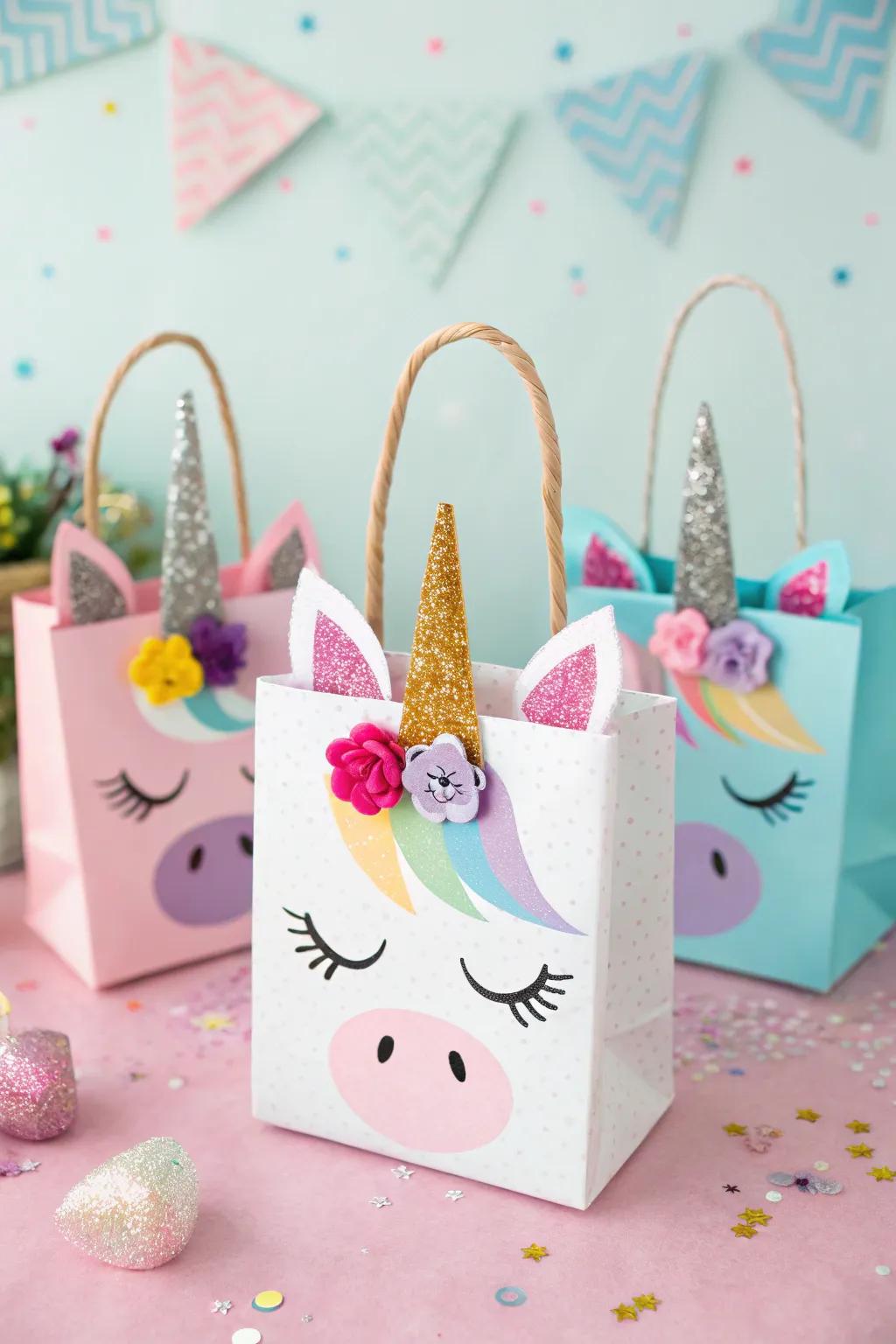 Unicorn treat pouches adorned with felt ears and sparkly horns.