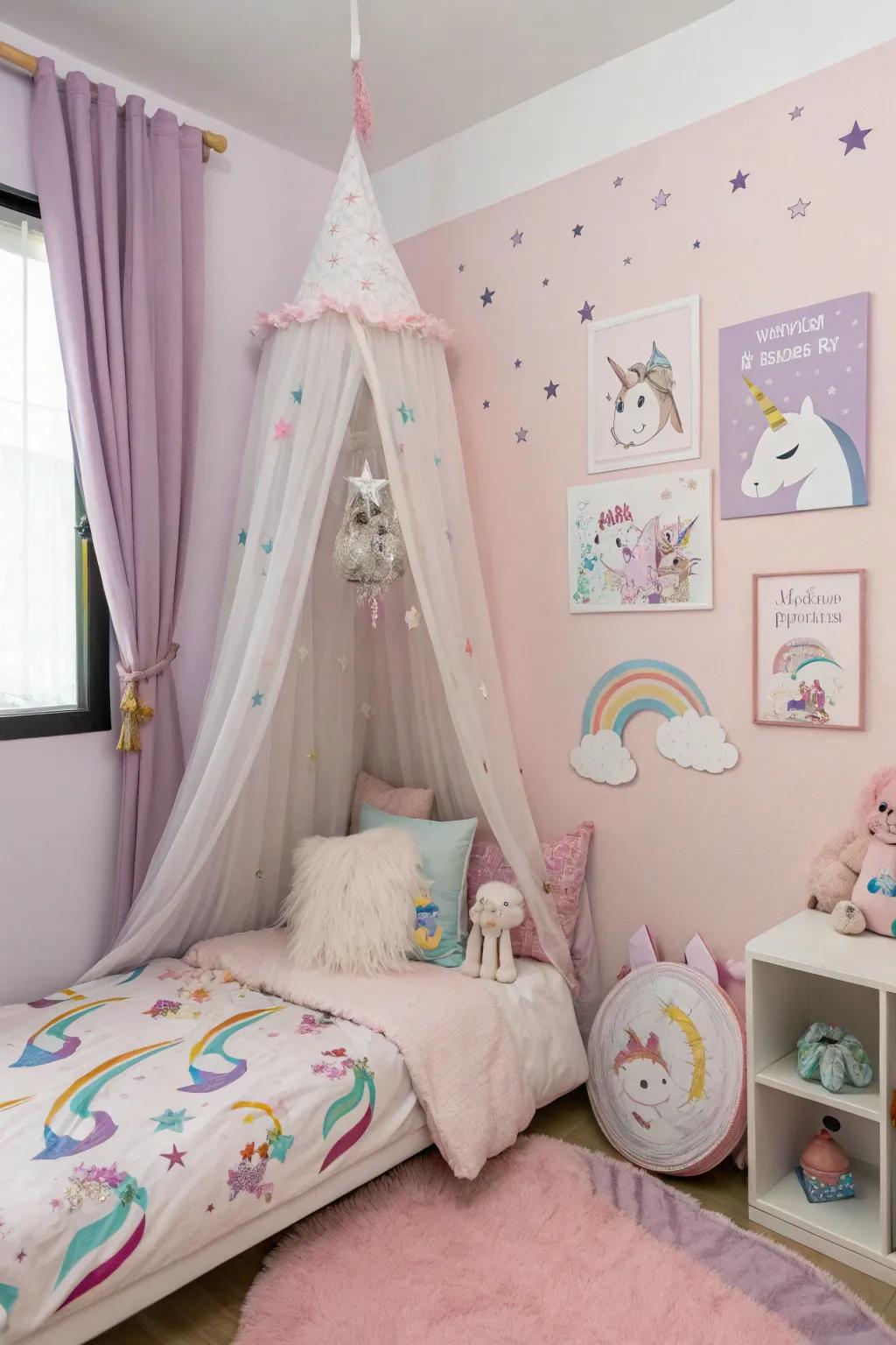 Pastel tints form the core of an enchanting unicorn chamber.