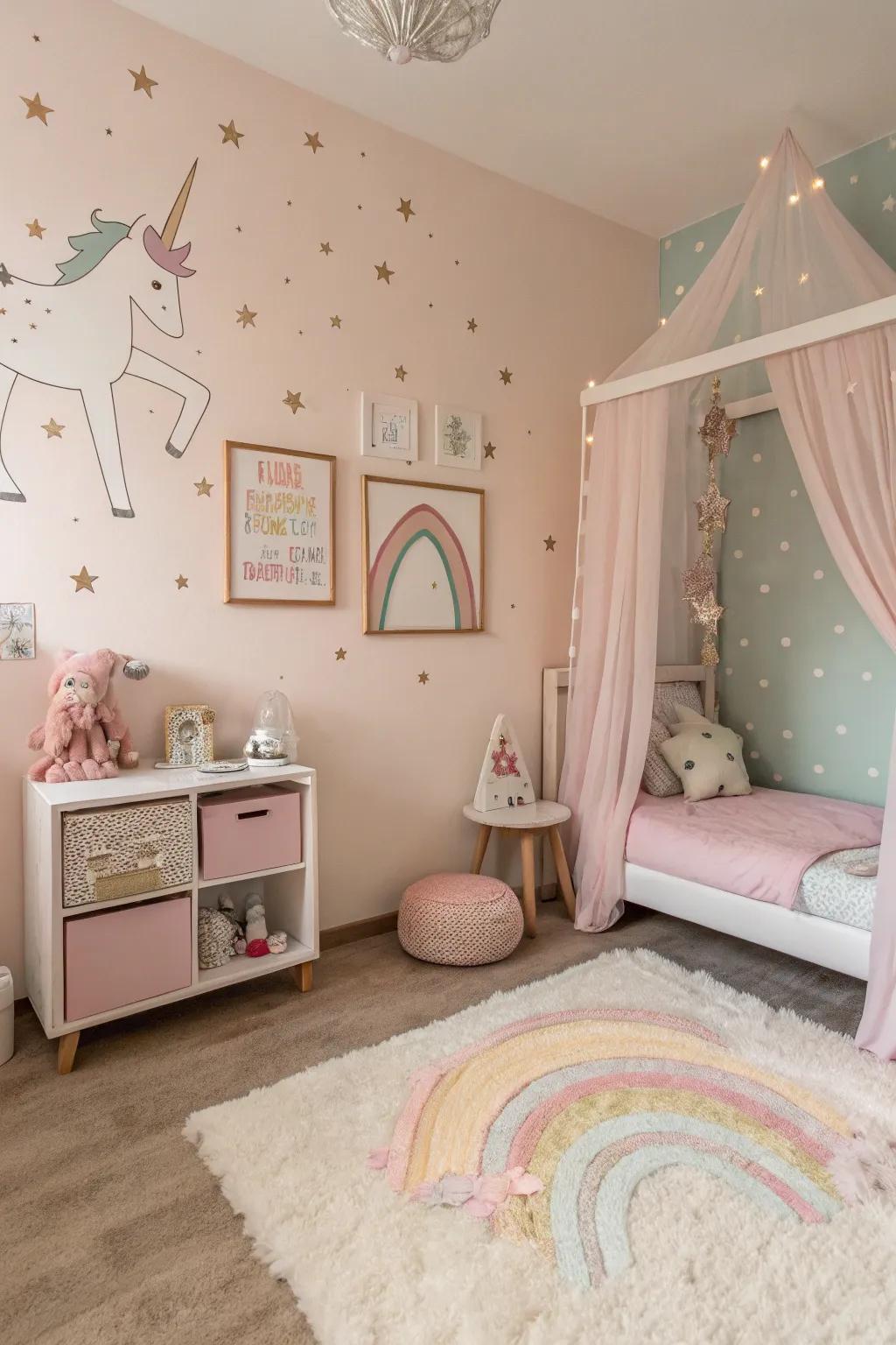 A pastel dreamscape adorned with unicorn-themed accents and soft, soothing hues.
