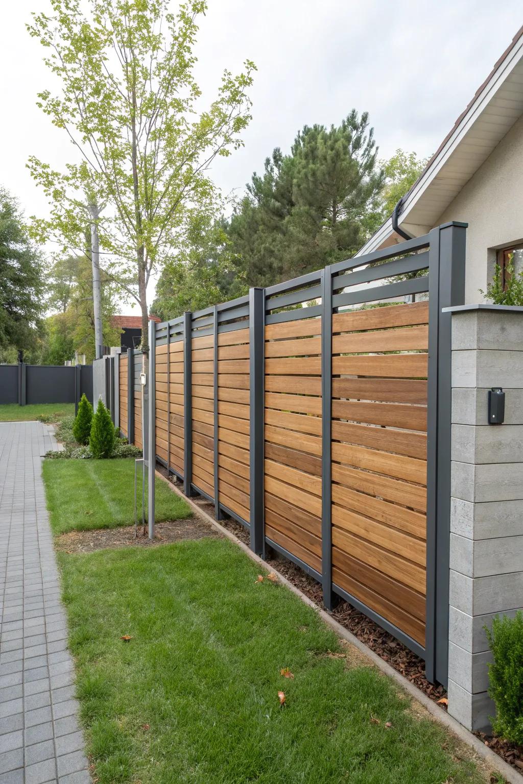 A chic fence where metal meets wood, creating a modern statement.