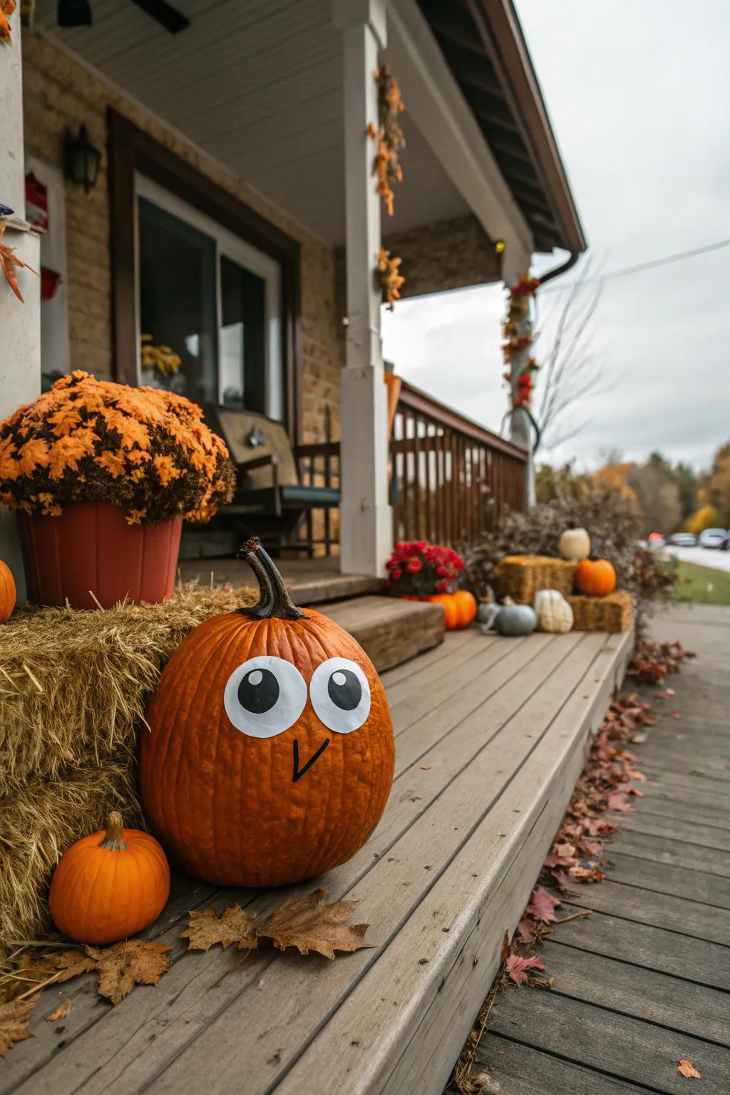 A googly-eyed pumpkin adding a touch of lightheartedness to the autumnal scene.