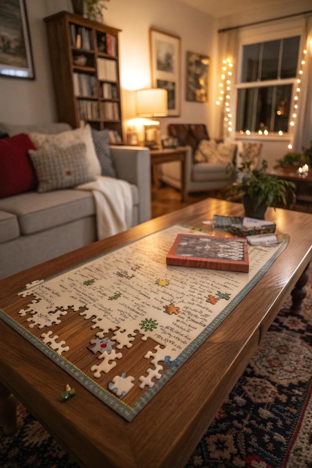 Attendees inscribe messages on puzzle pieces, crafting an image of the celebration.