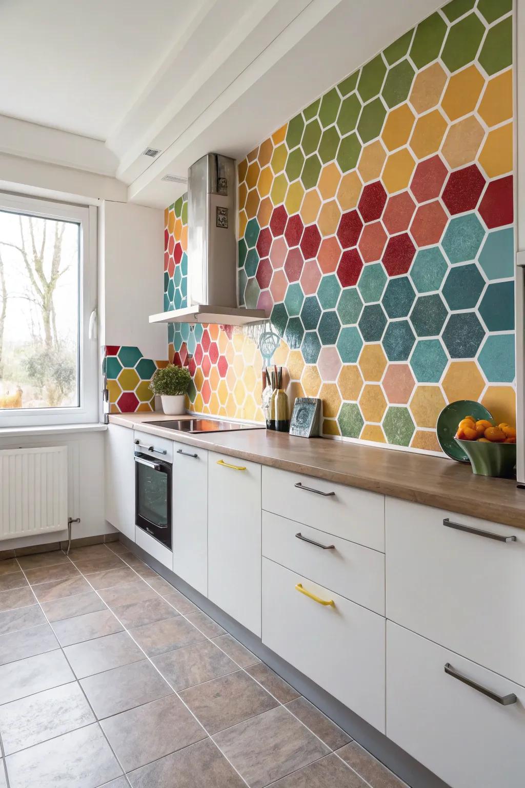 Incorporate a modern touch using multi-colored polygon tiles.