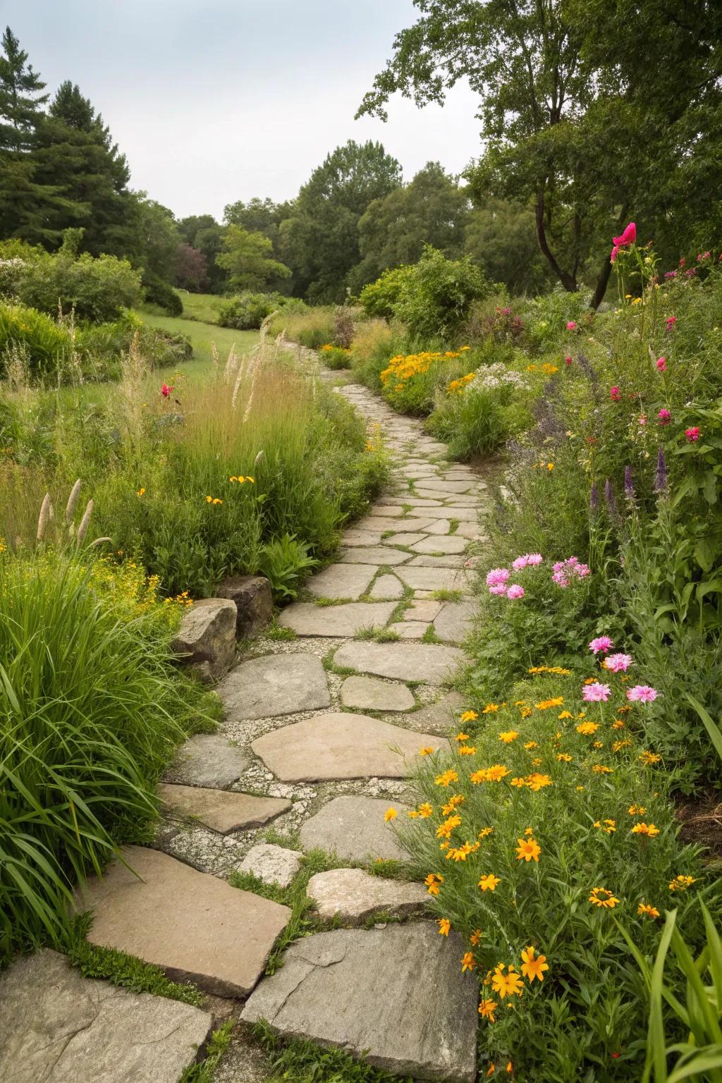 Asymmetrical stone walkways mix naturally with the landscape, providing a dash of countryside charm.