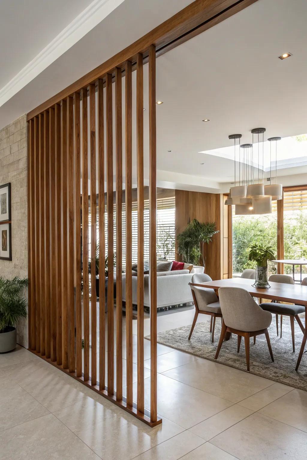 A modern space featuring upright wood slat dividers that offer subtle separation.