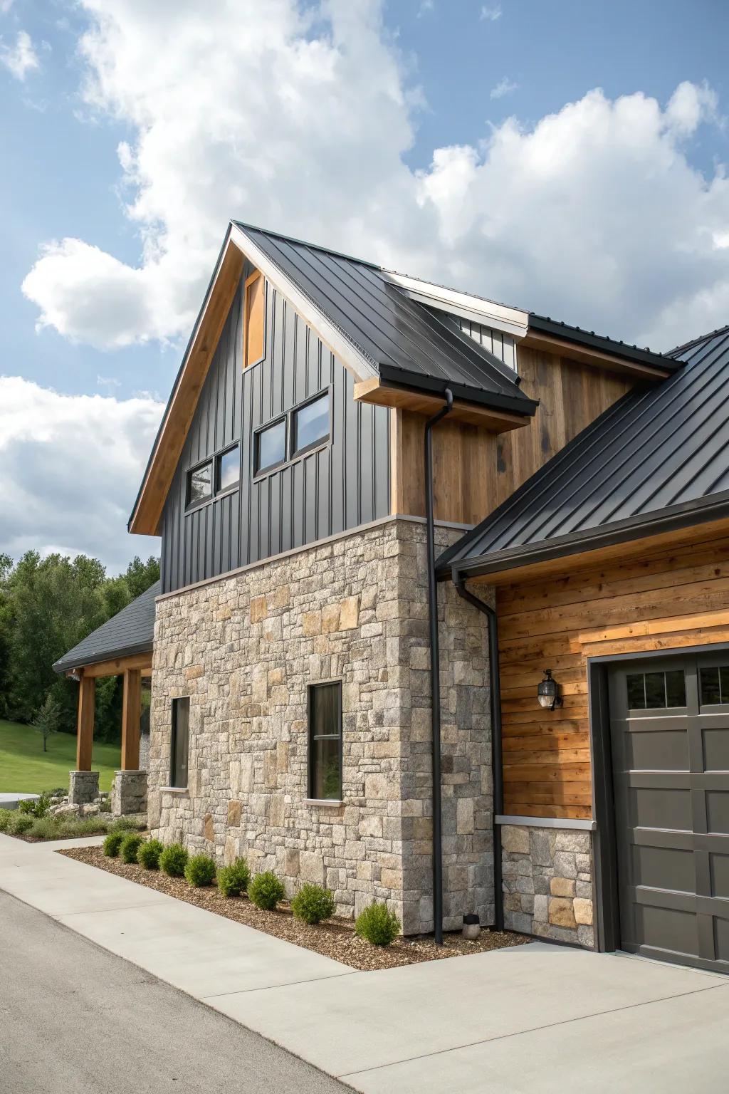 A home exterior showcasing a harmonious combination of stone, wood, and metal siding.