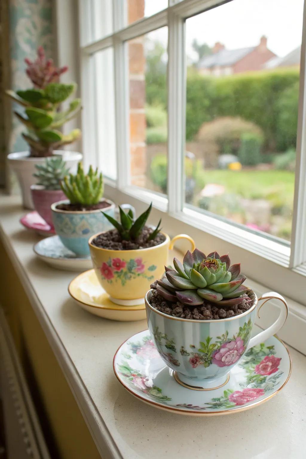 Charming vintage teacups repurposed into delightful succulent planters, adding a burst of color and a nostalgic touch.