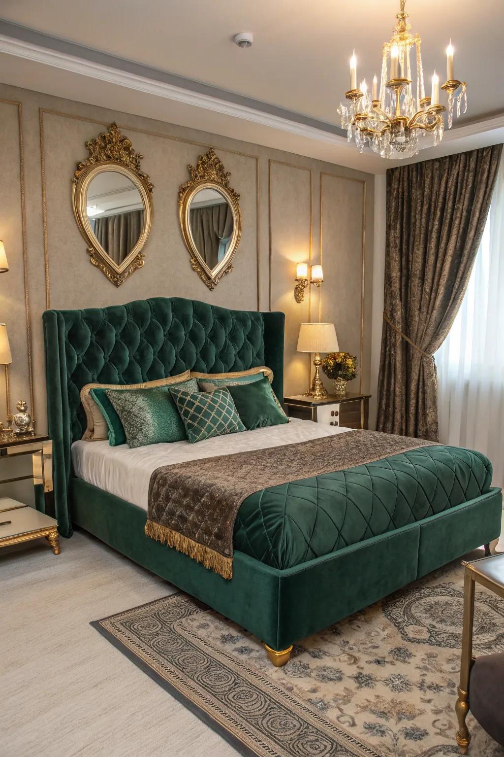 The velvet upholstery turns this bed into a luxurious focal point.