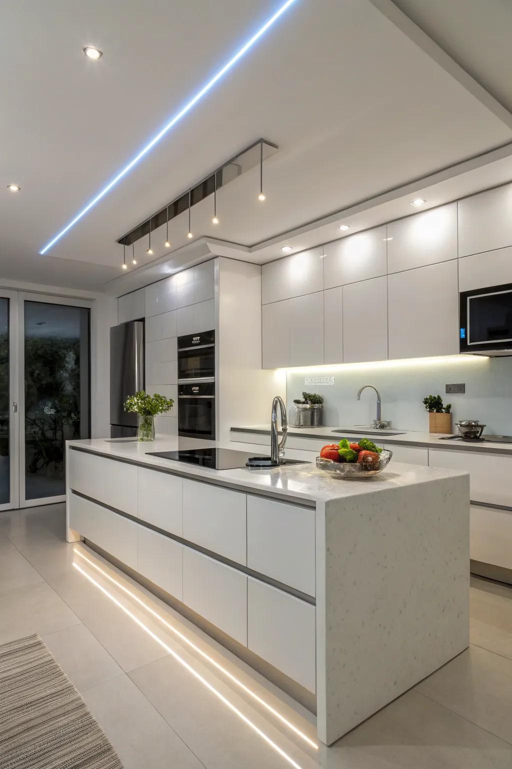 Subtle LED ribbon lighting enhances the modern kitchen's ambiance.