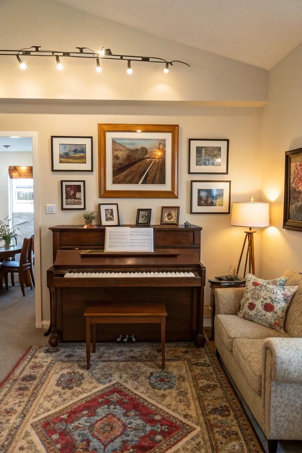 A welcoming living space showcasing an upright piano complemented by an artfully curated gallery wall above.