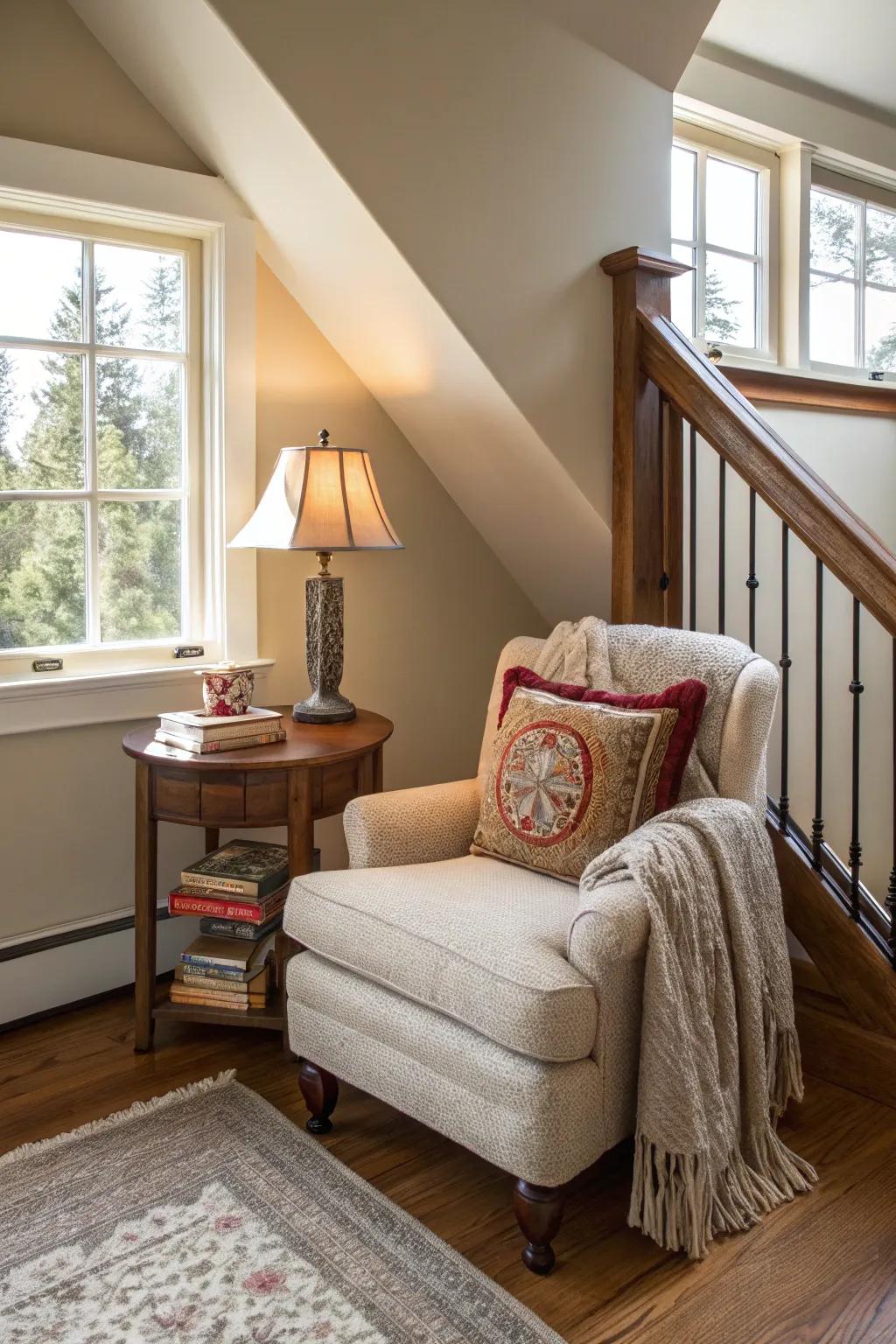 A snug reading nook in the upper hallway is an invitation to relax.