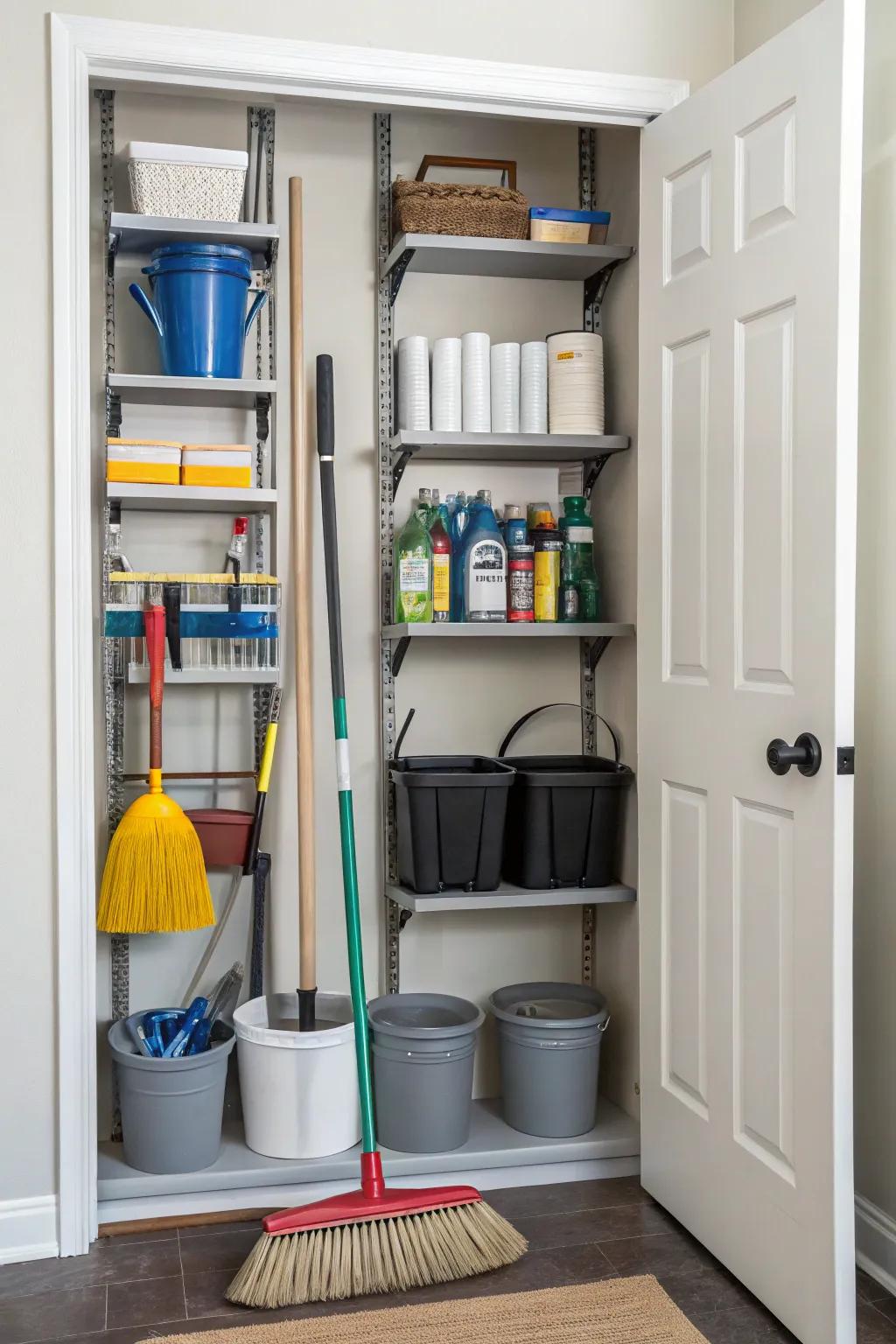 Shelving that moves around gives you a flexible way to keep all sorts of things in your utility closet.