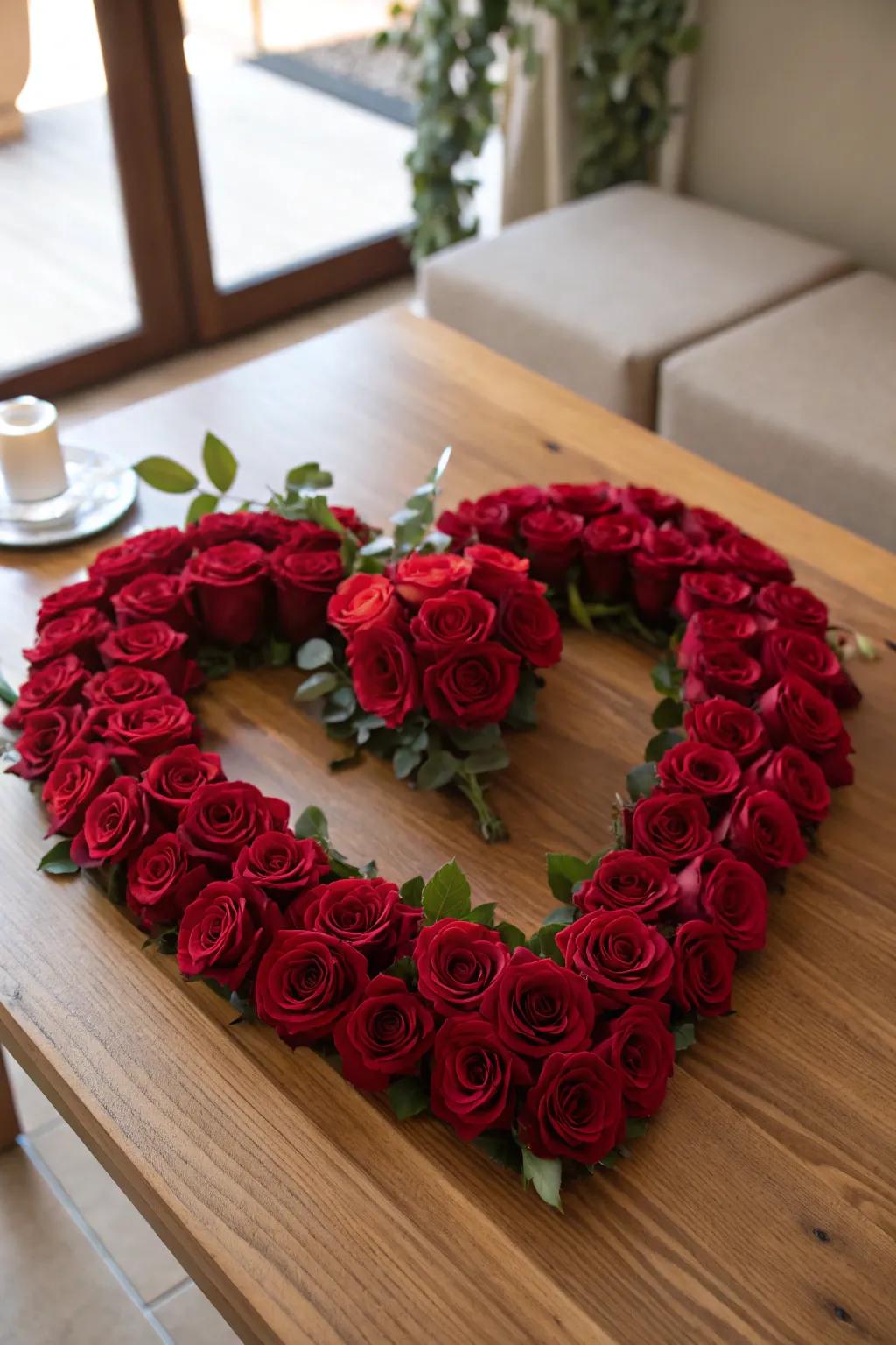 Red roses styled into a heart shape on a rustic table.