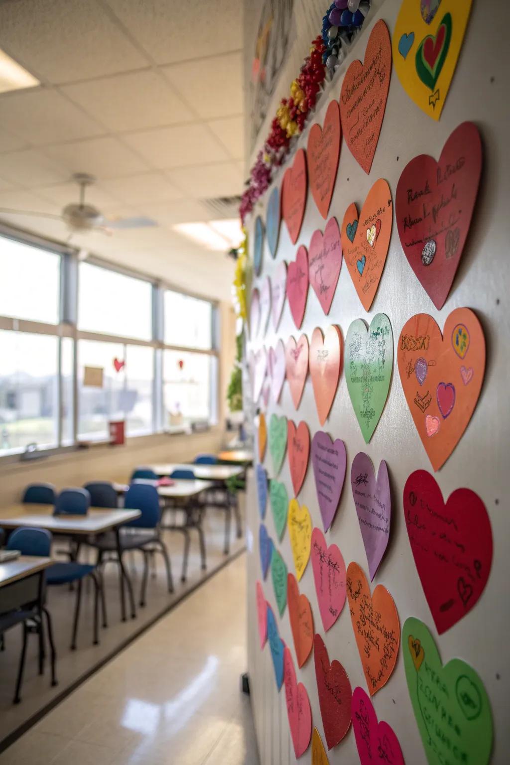 A heart-filled wall, each personalized with a student&rsquo;s name, fostering a sense of belonging.