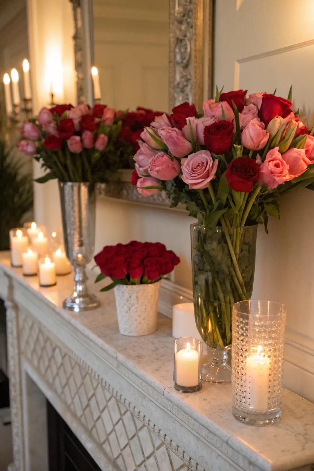 A captivating floral arrangement featuring roses and tulips graces the mantel.
