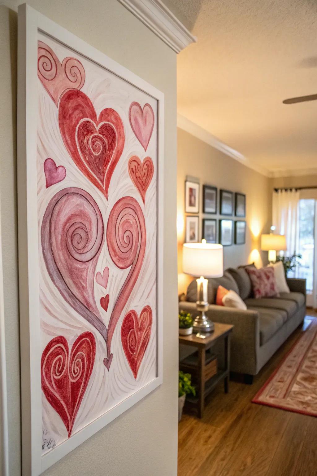 Swirling heart shapes in watercolor craft a sentimental mood.