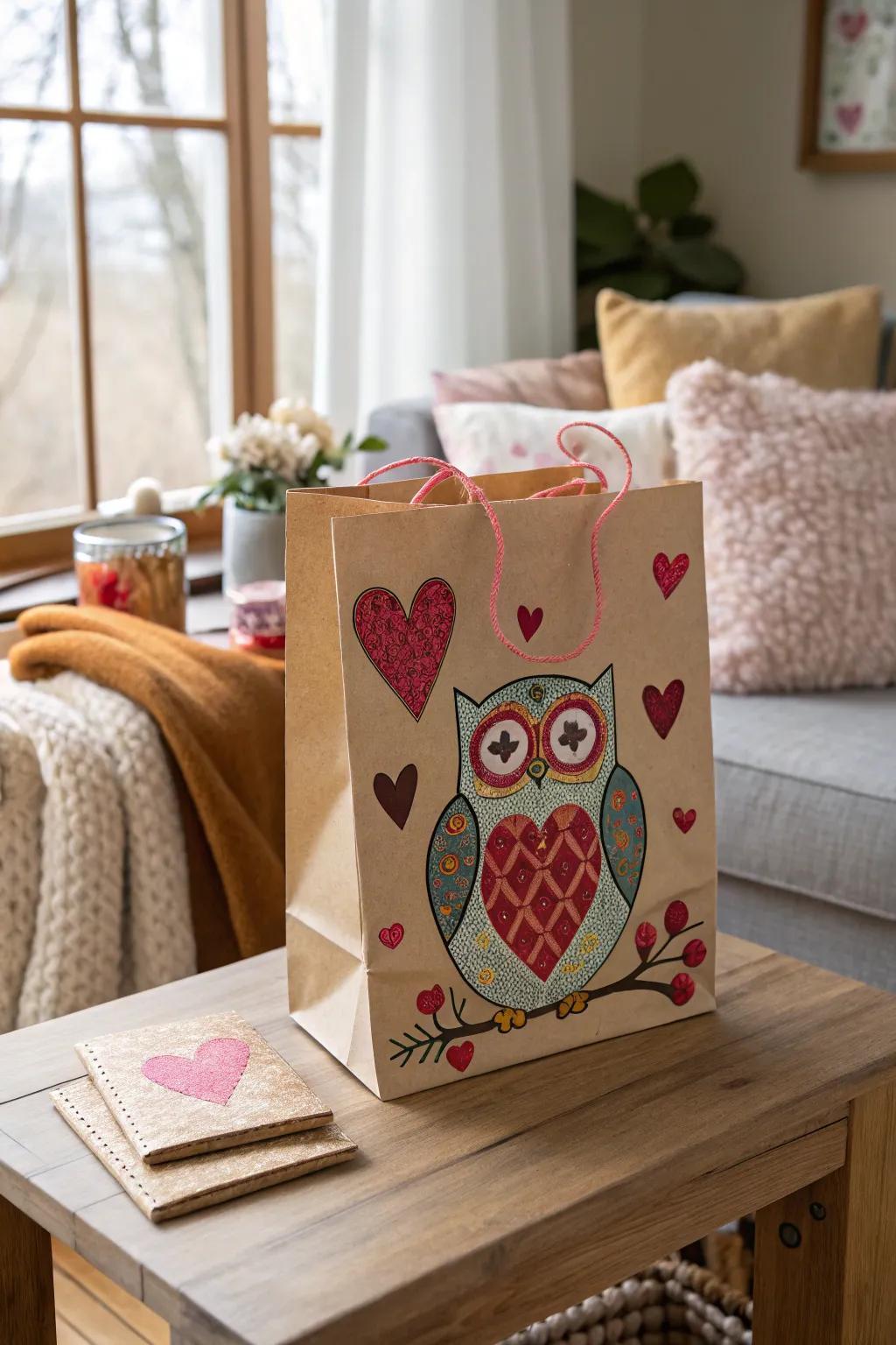 A sweet Valentine's Day gift bag featuring an owl.