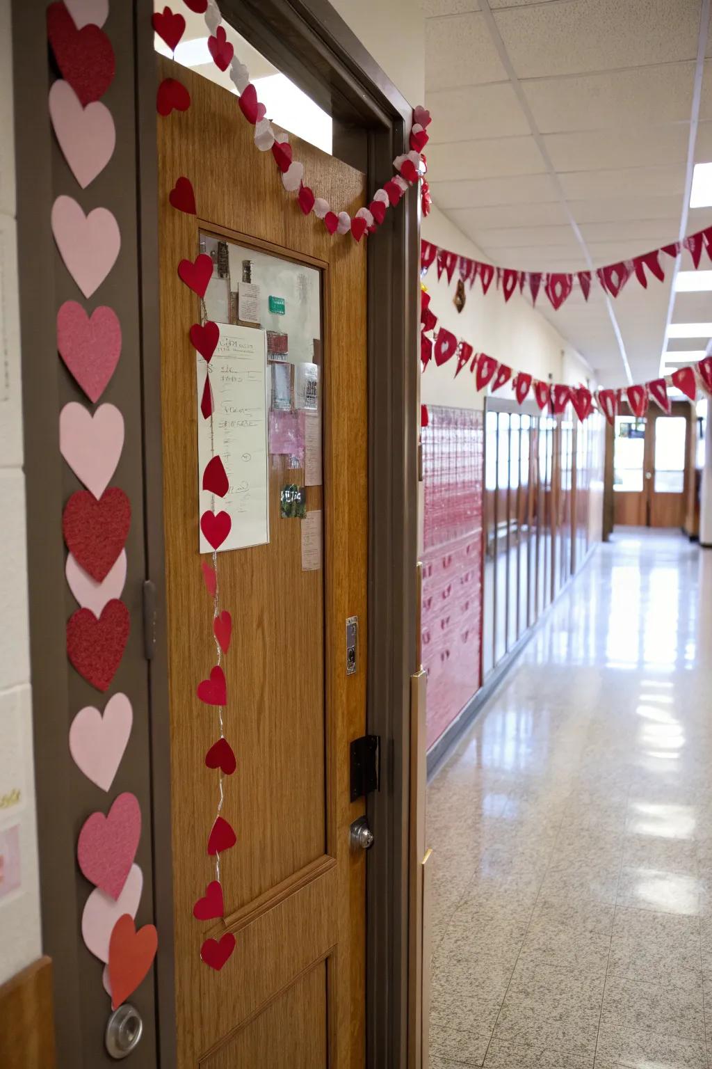 A classroom door showcasing a descending garland of red and pink hearts, perfect for Valentine's Day.
