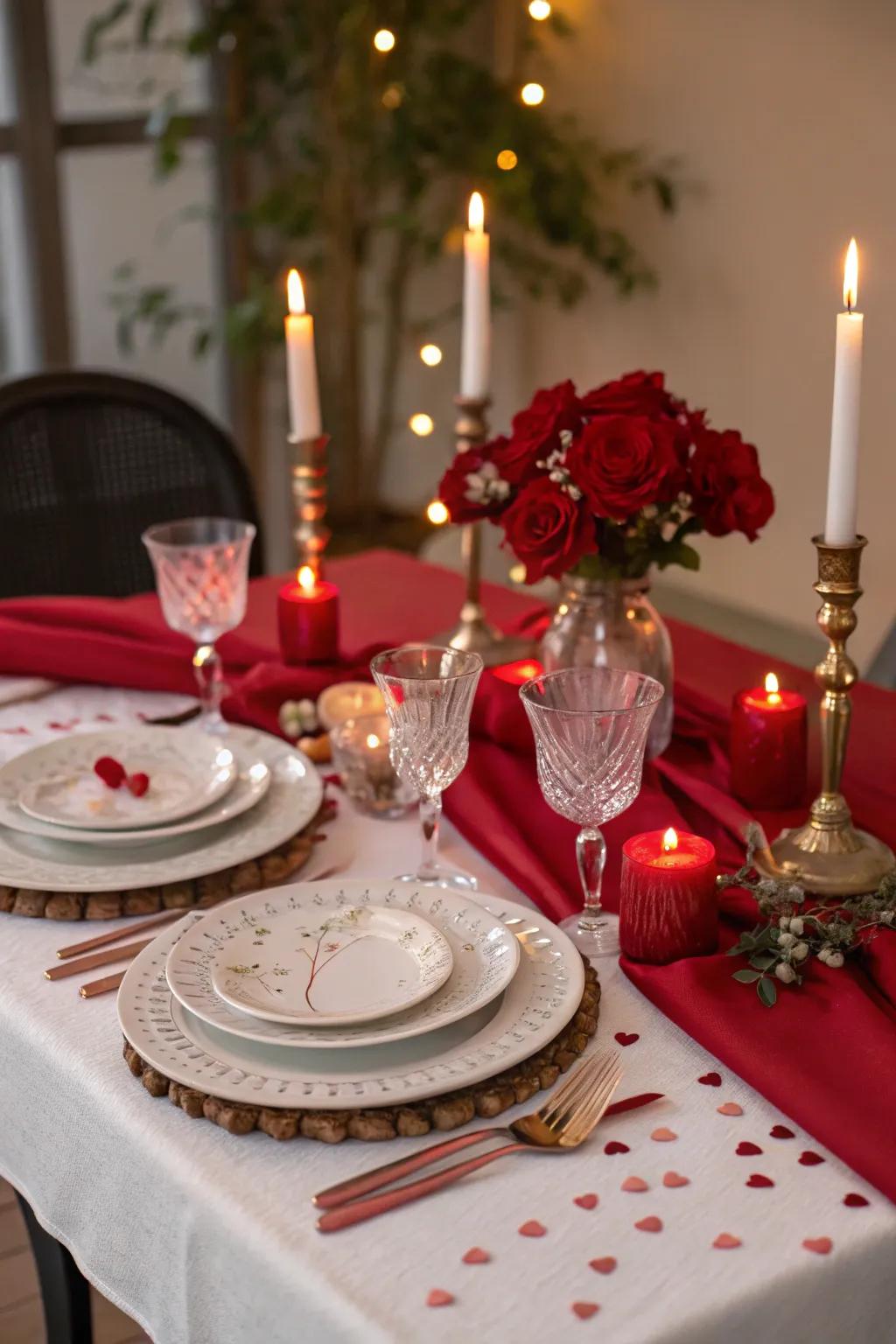 A love-filled dinner table setting, ideal for a Valentine's Day celebration.