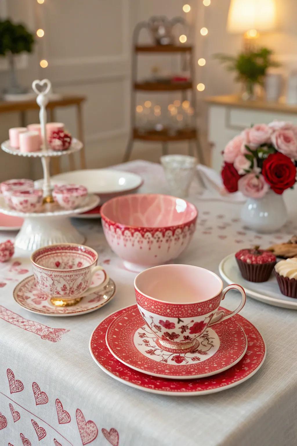 An amorous table arrangement blending vintage and contemporary components for Valentine's Day.