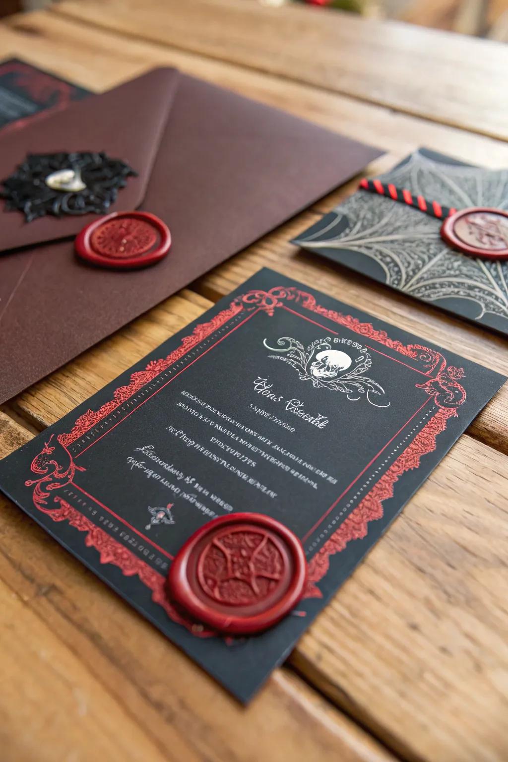 Gothic invitations establish the vibe for your vampire-centric festivity.