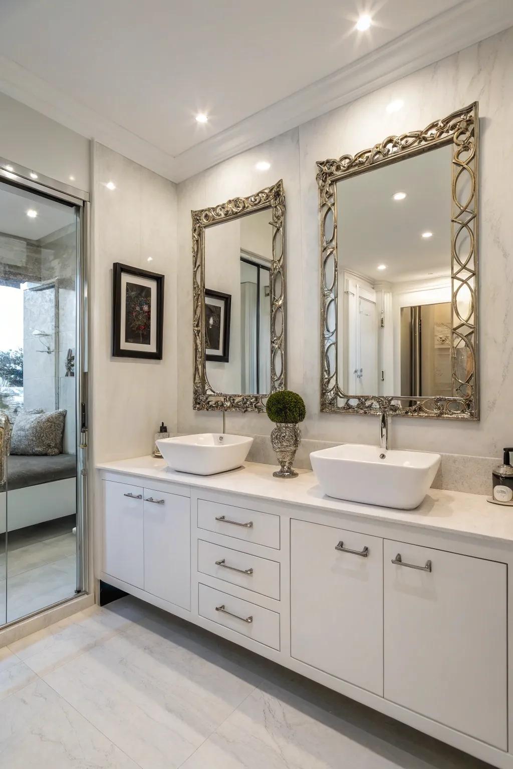 A stylish bathroom vanity featuring double sinks and plenty of storage.