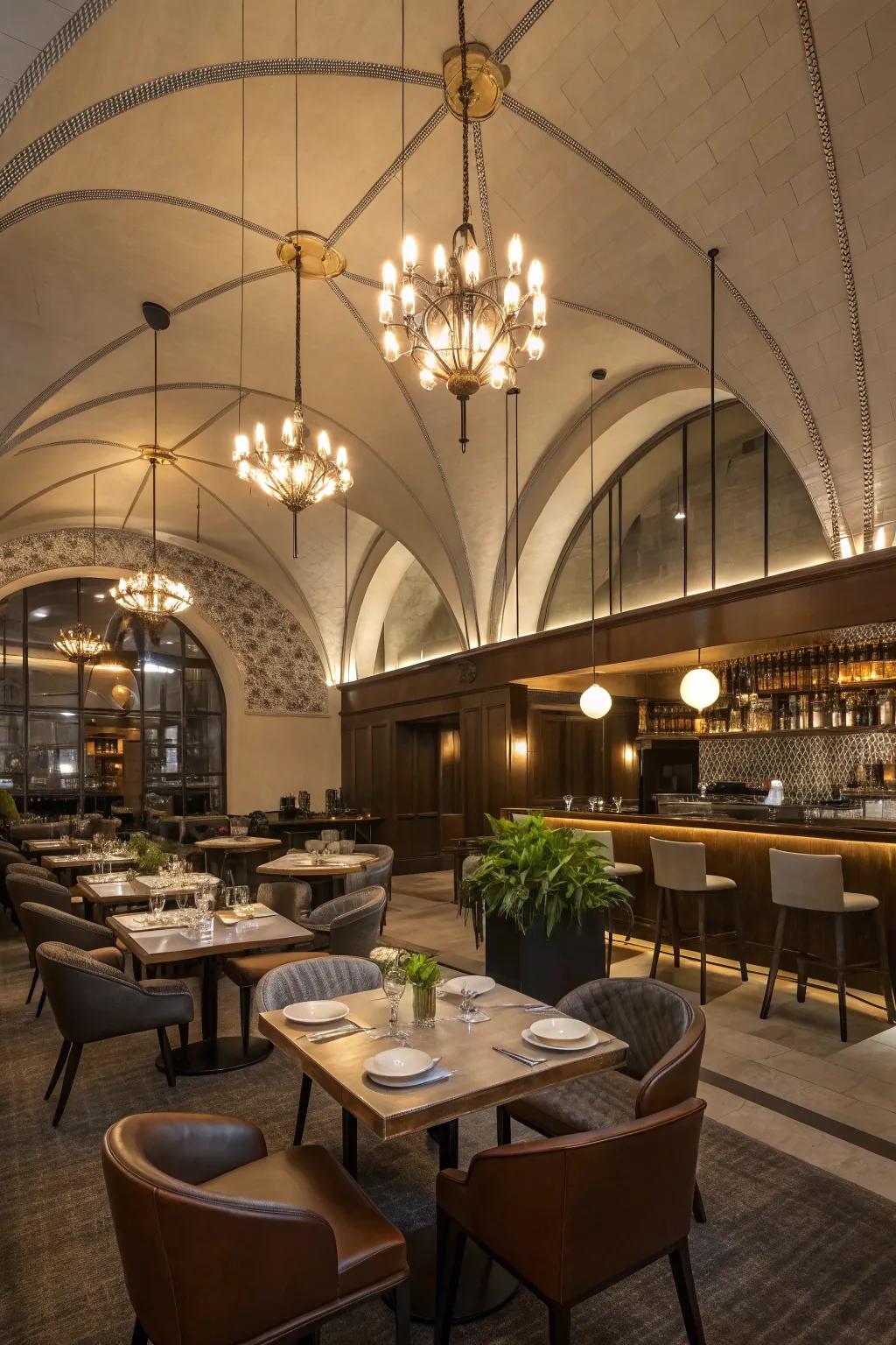 Pendant lights emphasize vaulted ceilings and create an atmosphere of refinement.