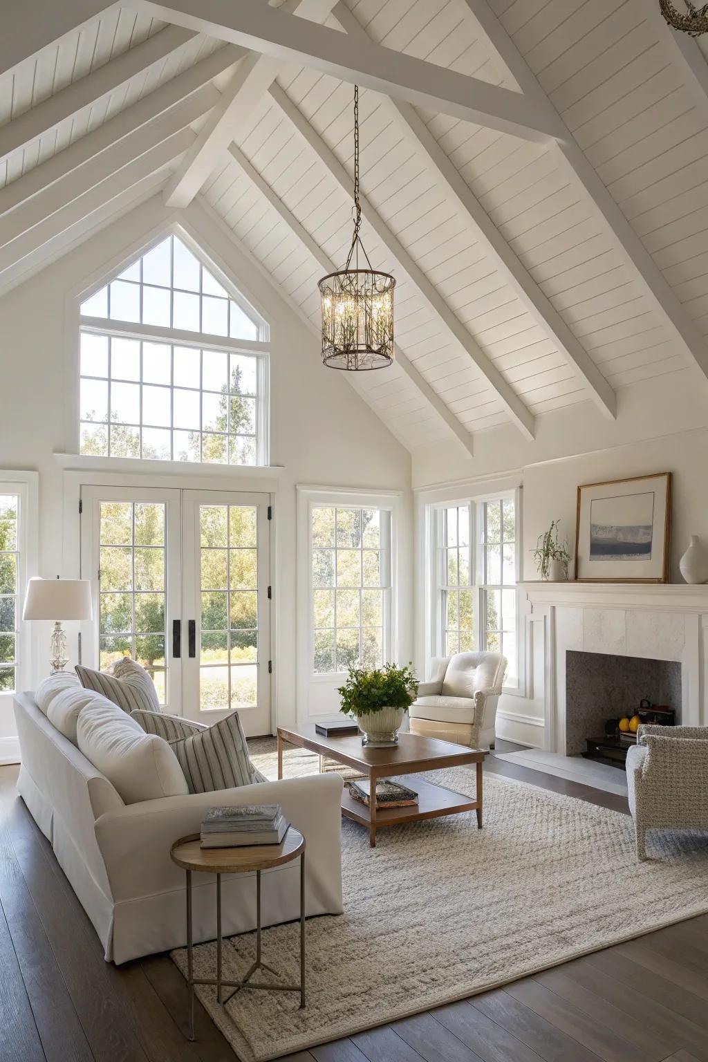 An all-white high ceiling lends a timeless sophistication to your living area.