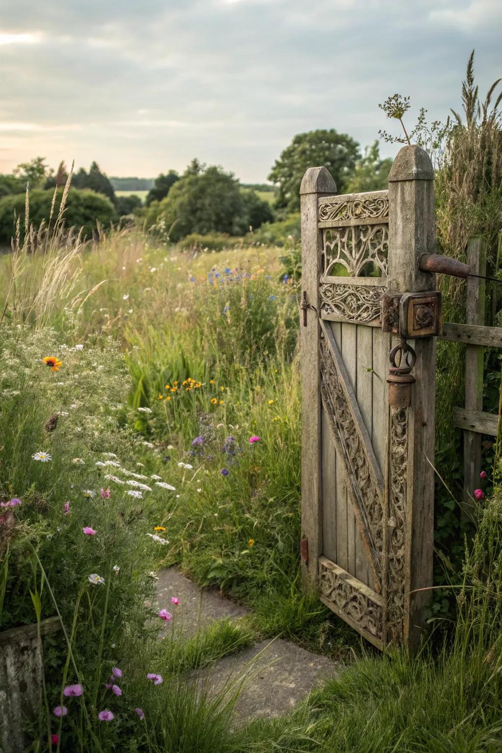 A timeworn wooden gate imparting timeless appeal to any garden setting.