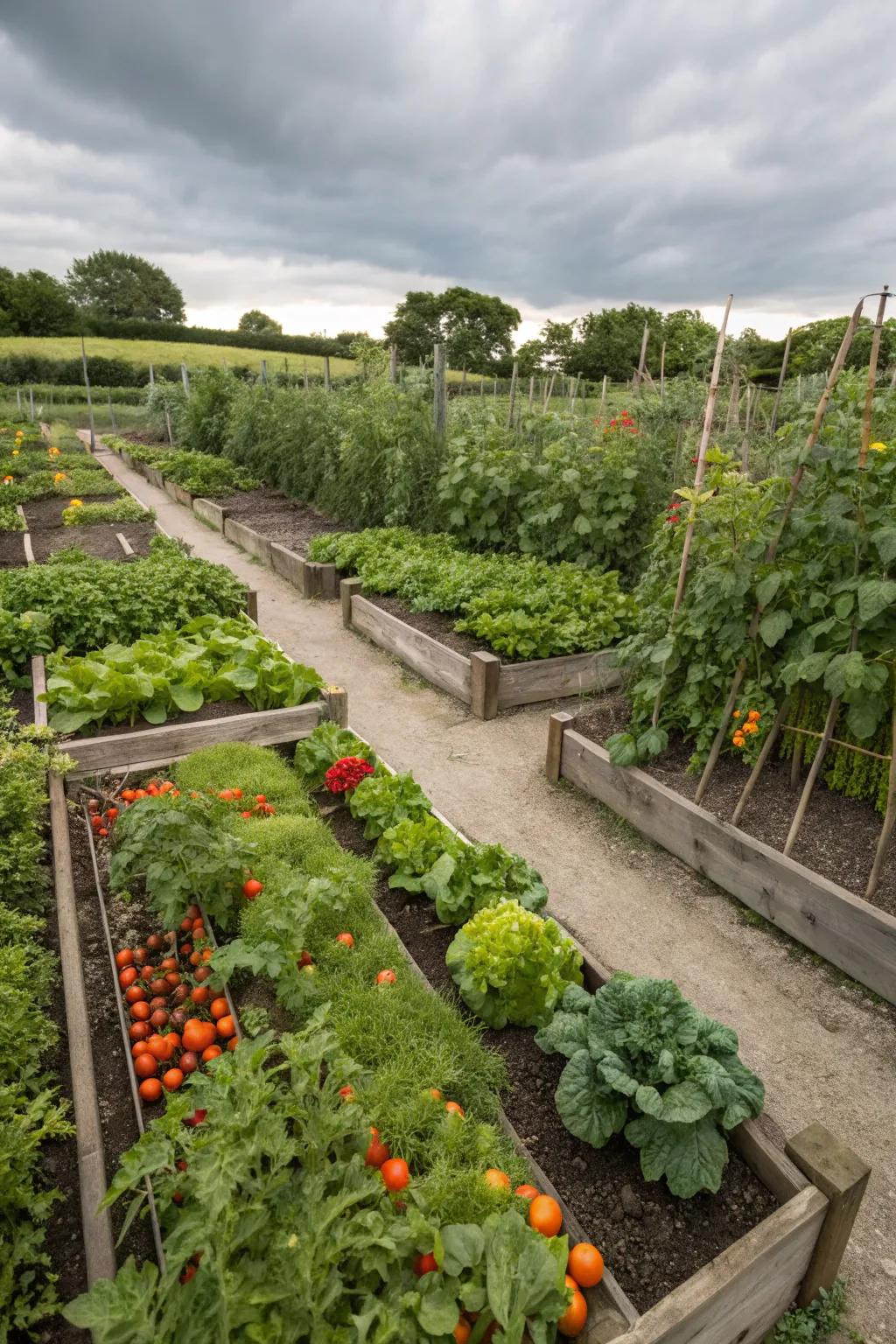 Abundant vegetables thrive in raised beds, combining practicality with visual appeal.