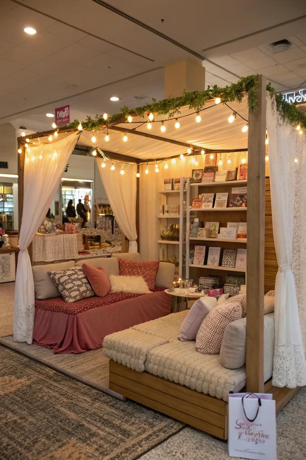 A vendor booth turned into a welcoming lounge featuring comfortable seating.