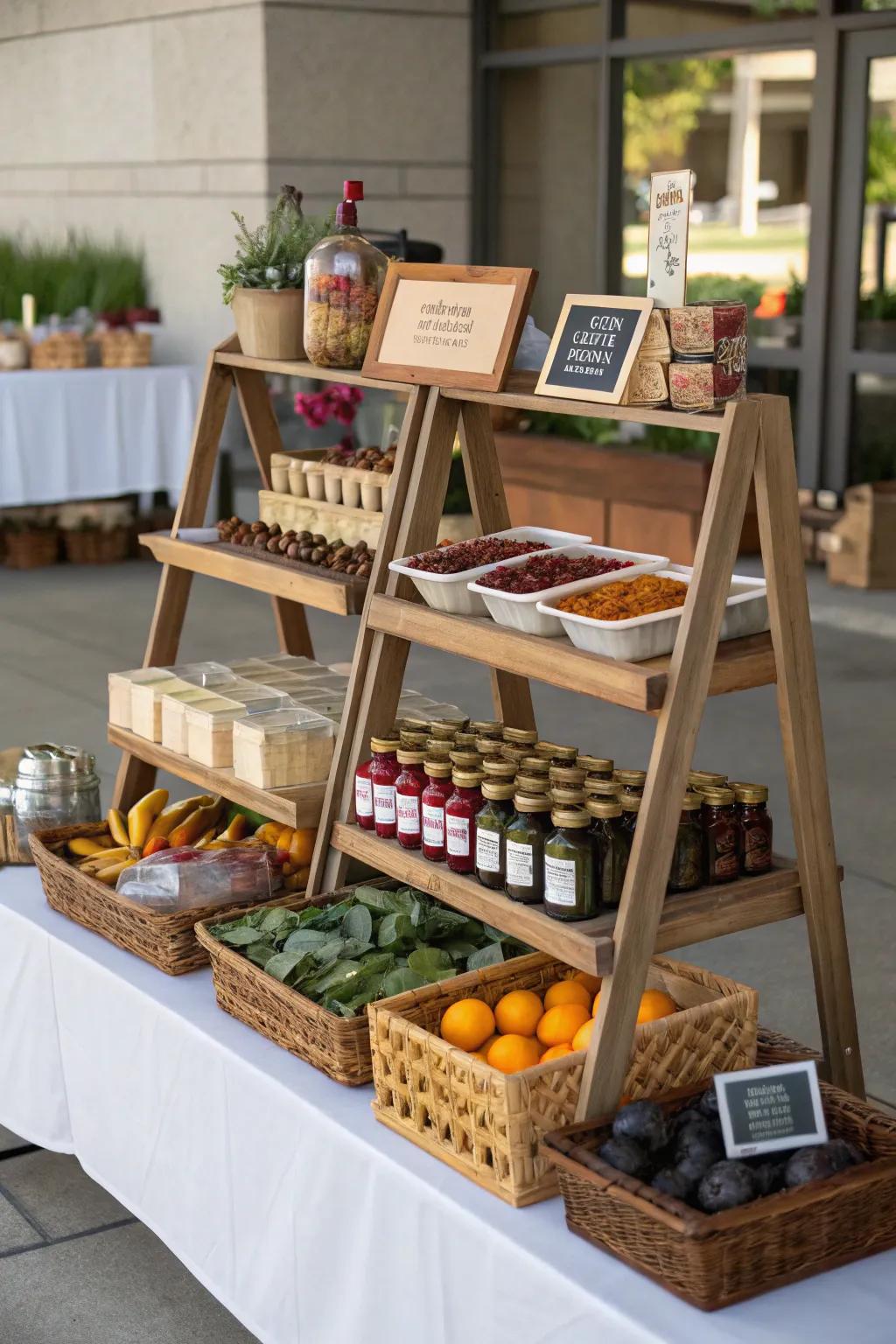Utilize vertical space for maximum visual impact with multi-tiered shelving.