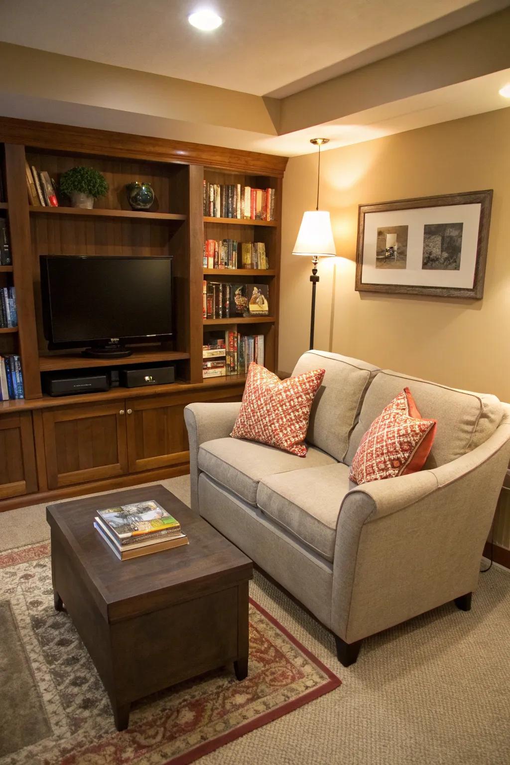 A small two-seater boosts the comfort of a petite TV room