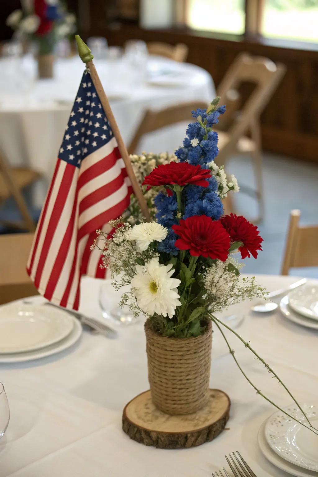 A classic American flag centerpiece with a rustic accent.