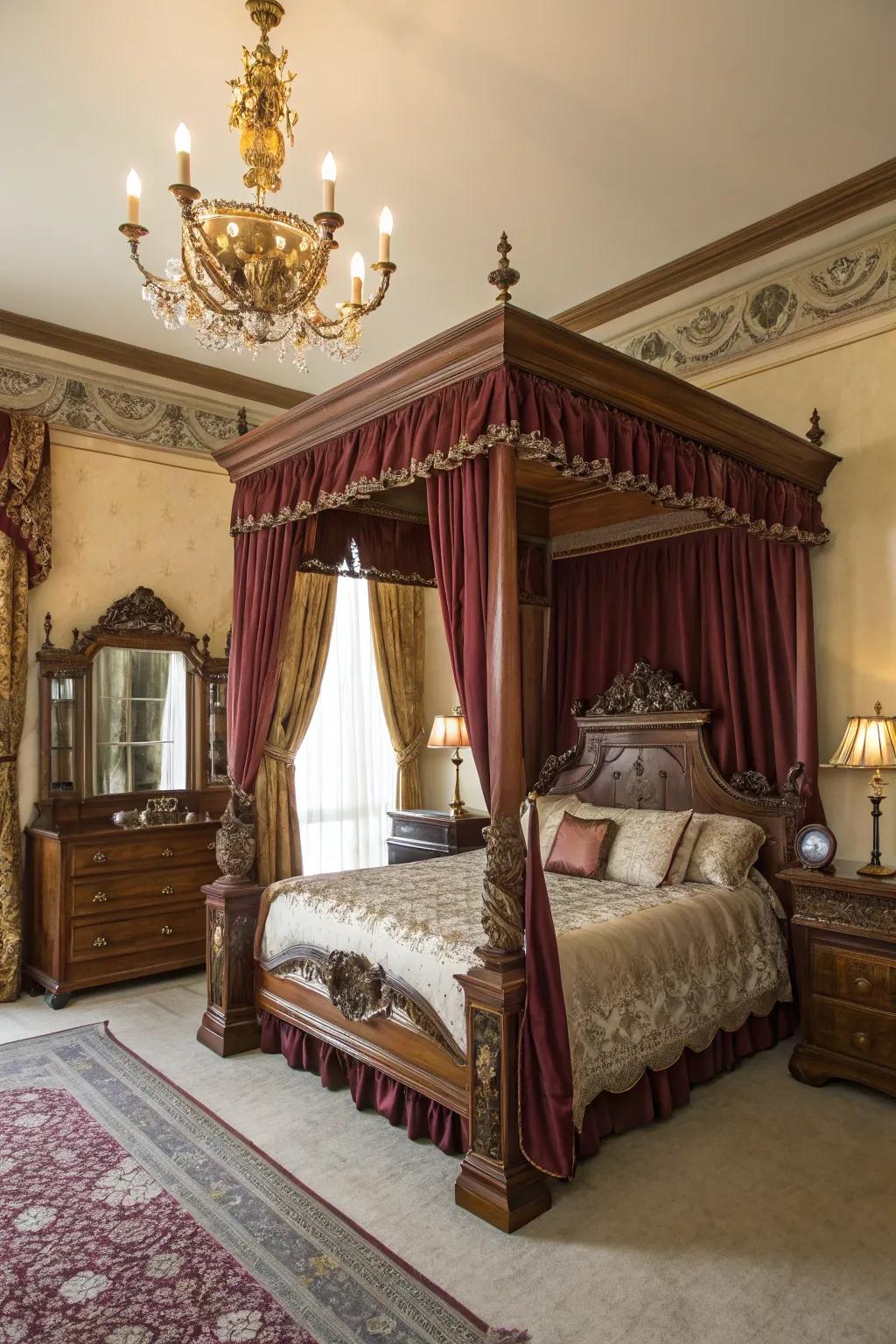 Lush fabrics in velvet and silk create a luxurious Victorian ambiance.