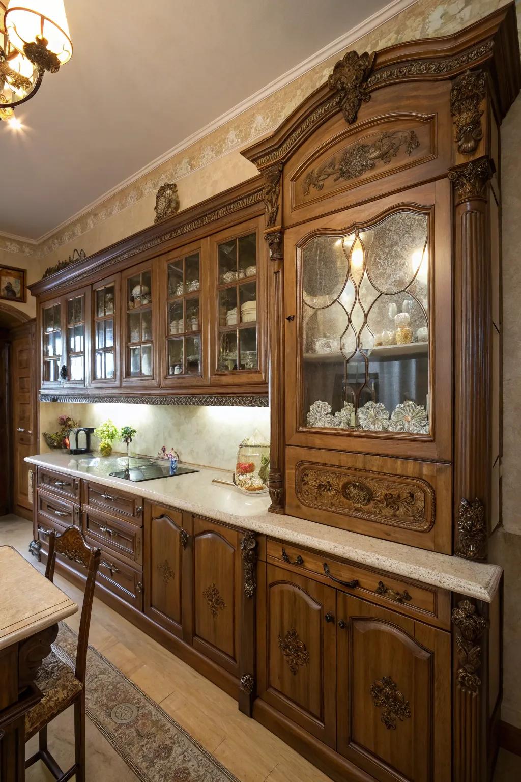 Detailed cupboard design with elaborate features sets the scene for a Victorian kitchen.