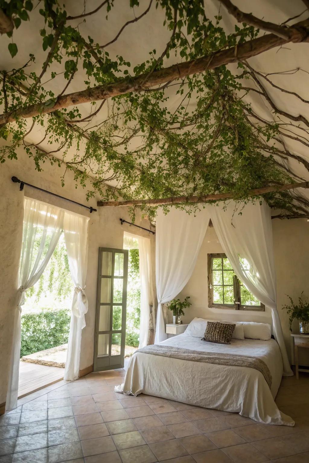 A bedroom reimagined with a verdant canopy for a dreamy ambiance.