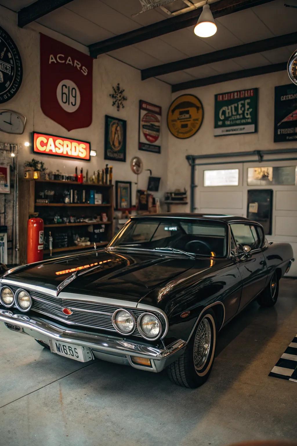 A timeless automobile commands attention in a beautifully designed vintage garage.