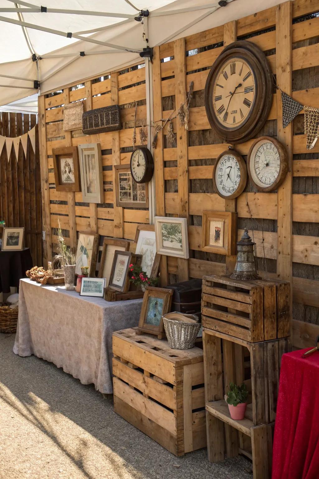 A quaint market booth featuring wooden backdrops and vintage-inspired decor.