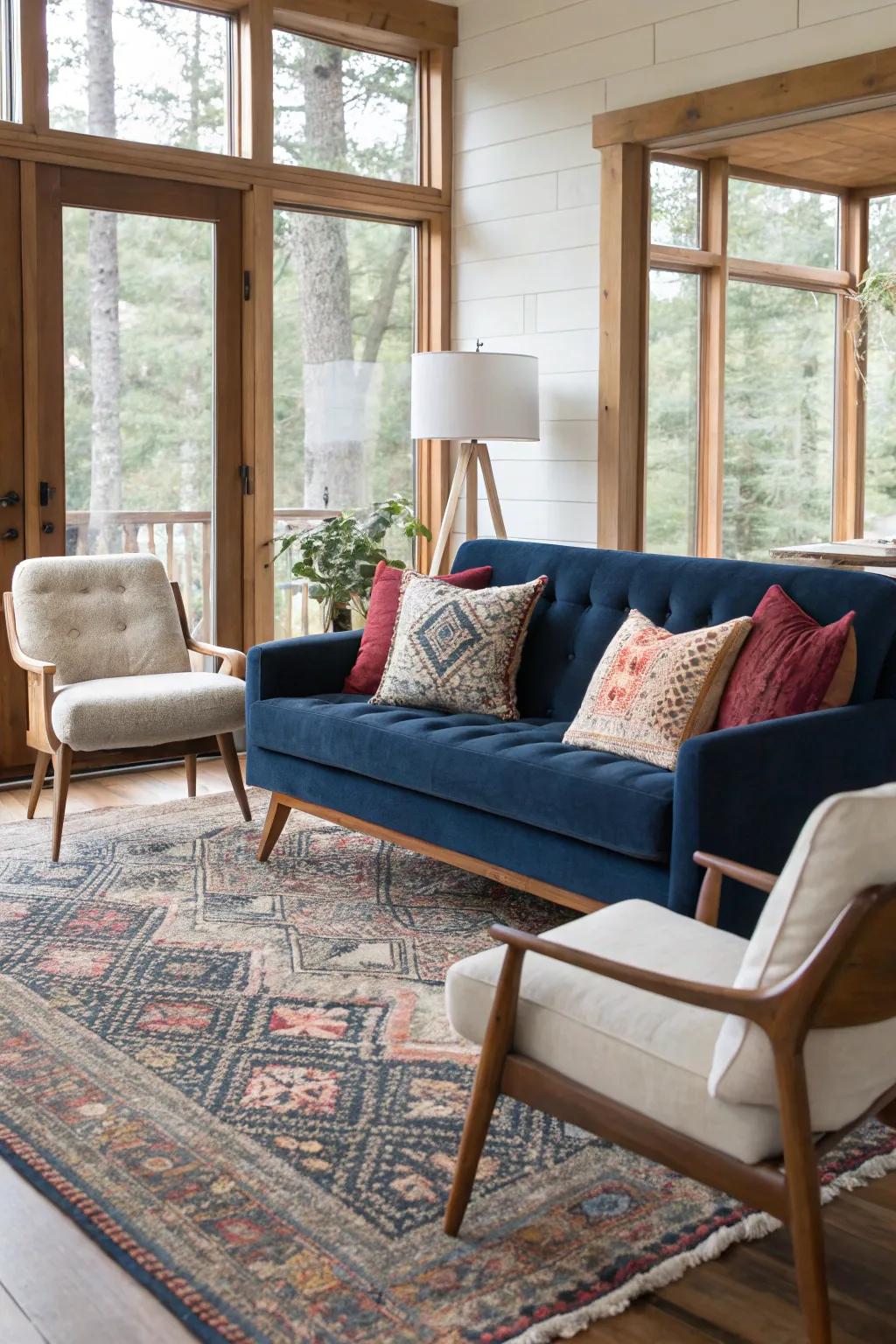 An agreeable blend of classic and modern seating produces a sophisticated living room ambiance.