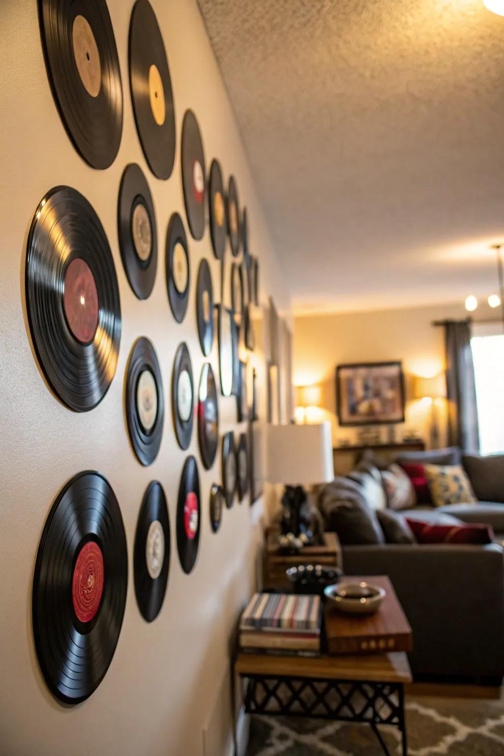 Design an eye-catching wall feature using your cherished vinyl records.