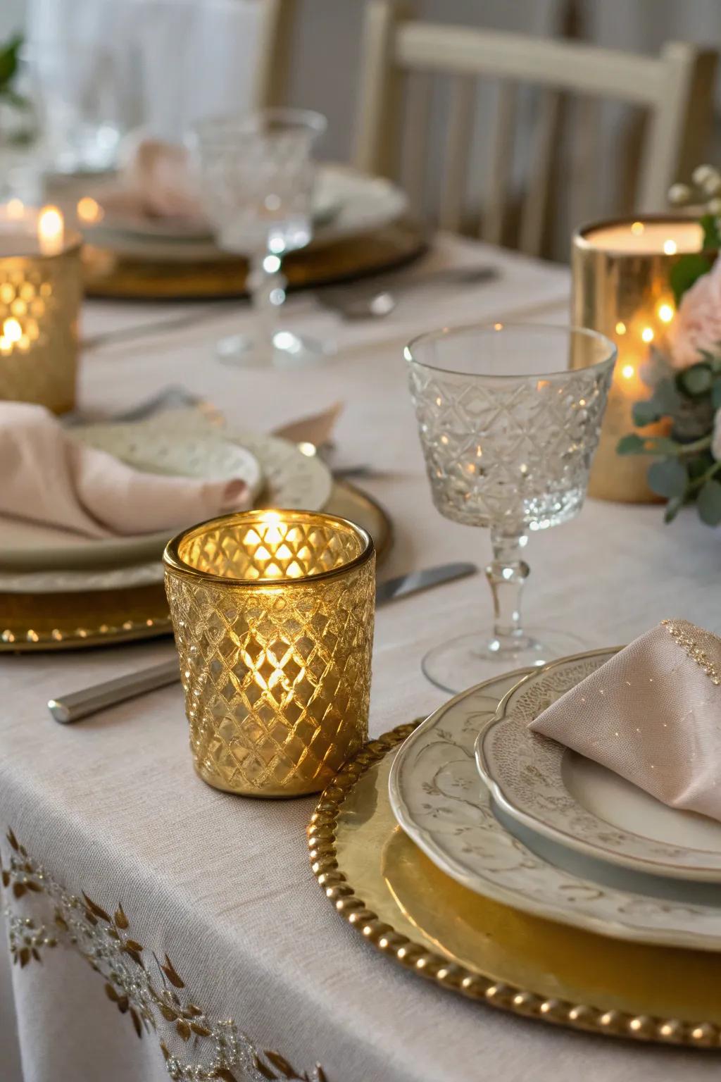 Gilded candle stands enhance the elegance of any table arrangement.