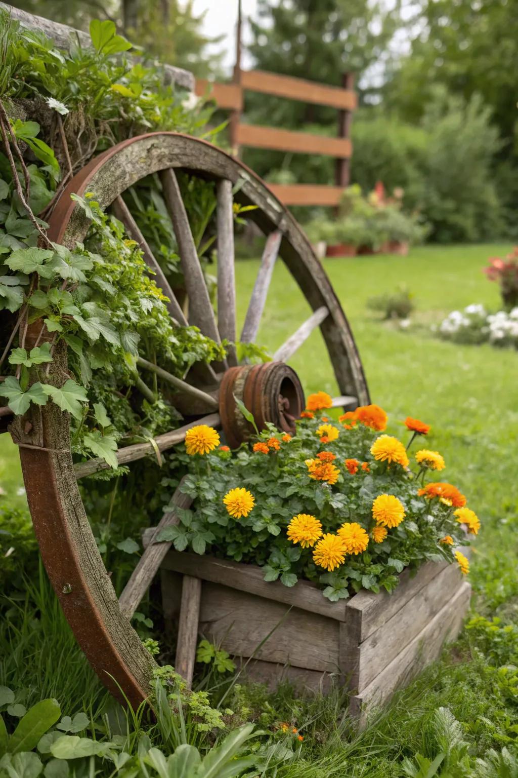 A cartwheel planter lavishly decorated with brilliant daisies and trailing creeping fig.
