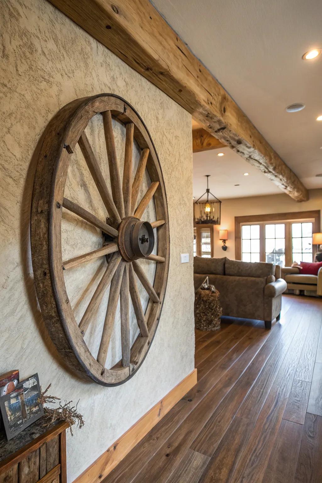 A wagon wheel is transformed into an engaging centerpiece within this country-style family room.