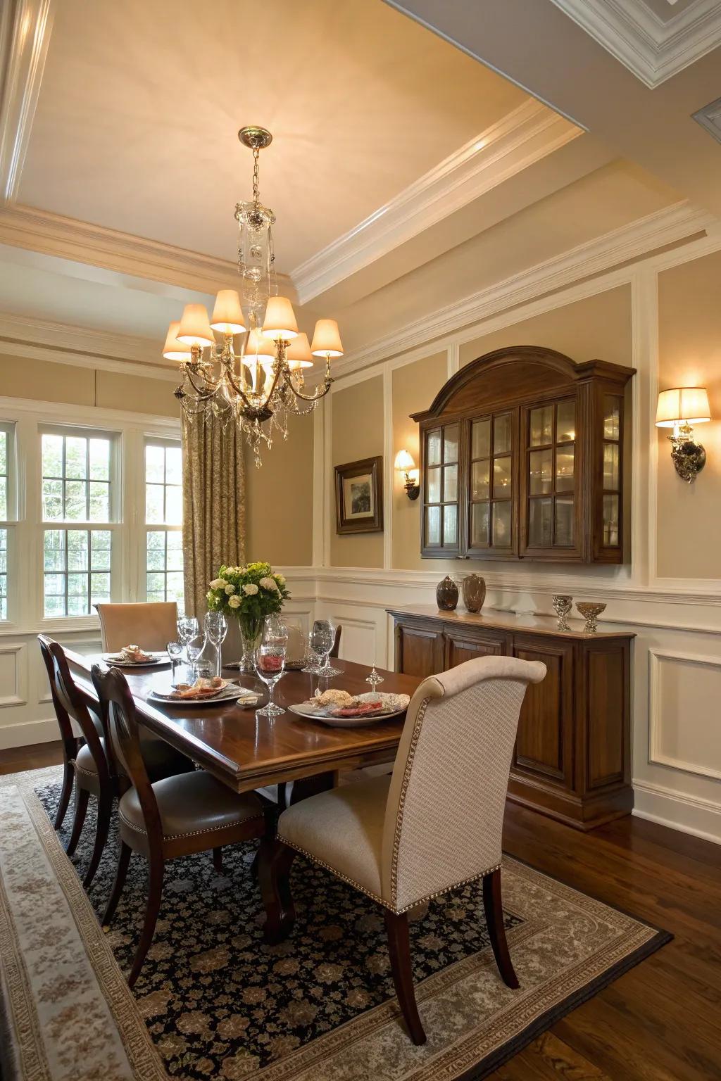 A dining area showcasing classic raised panel wainscoting.